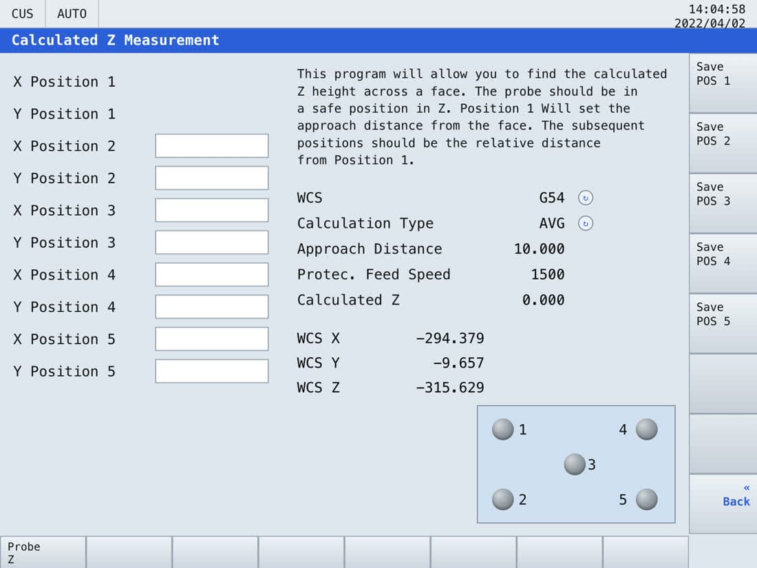 Calculated Z Measurement screen: five points probed across a face, each position stored in turn, resolving to an averaged Z of -315.634
