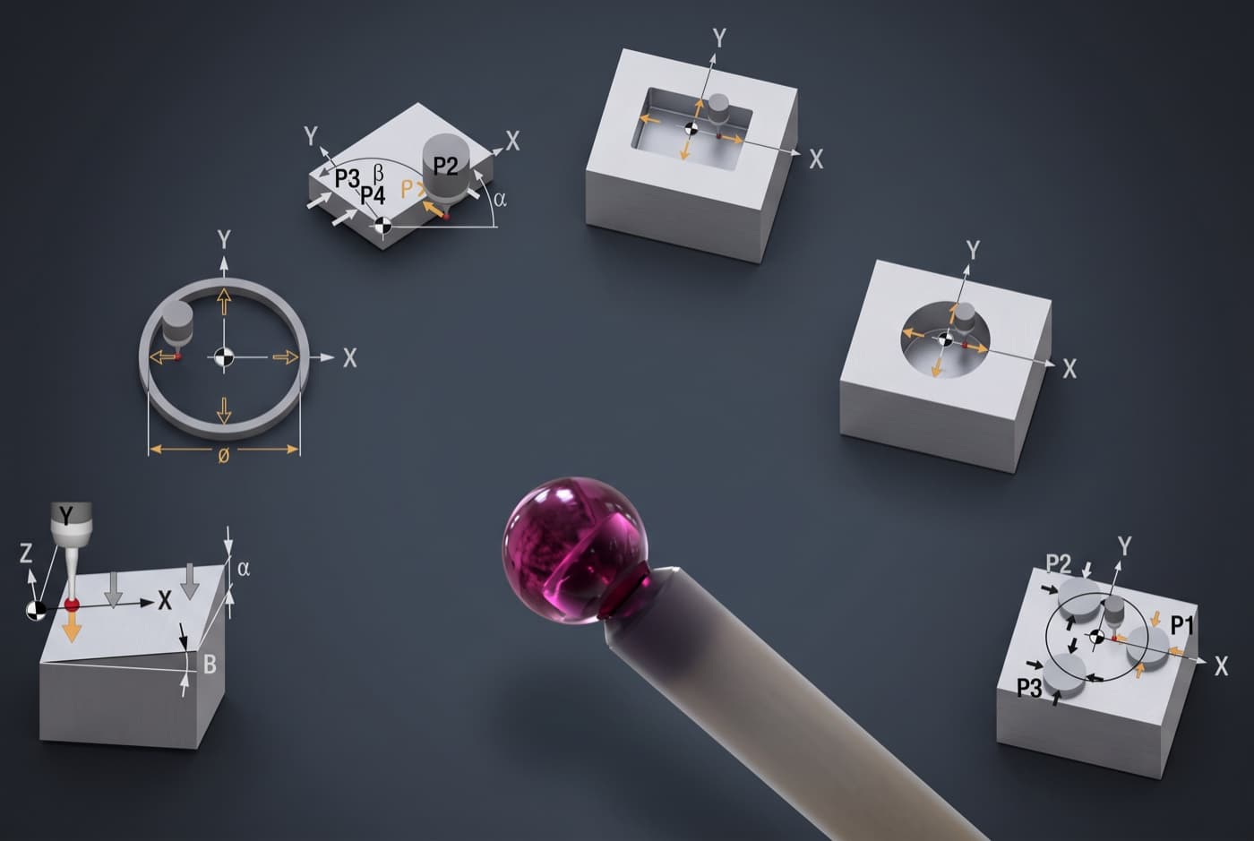 Probing cycles: single point, bore and boss, corner, angle and centre-to-centre measurement