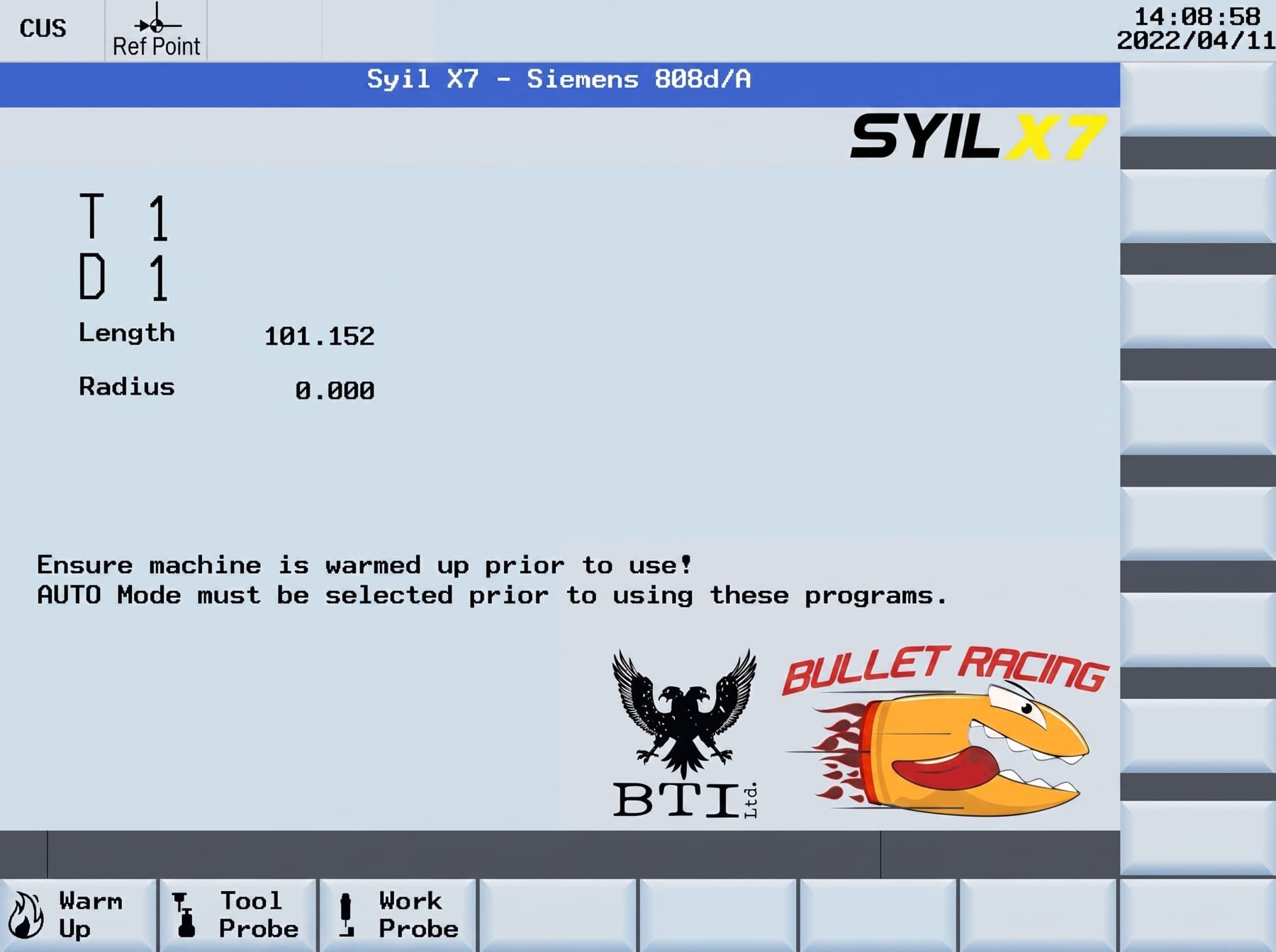 The Bullet Racing custom home screen on a Syil X7 with Siemens 808D/A control, showing Warm Up, Tool Probe and Work Probe softkeys