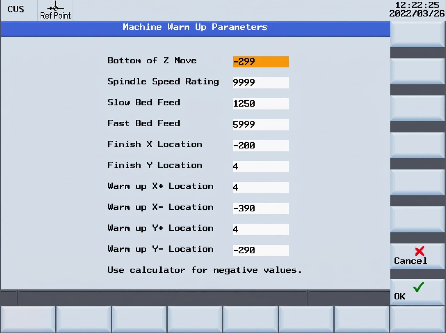 Machine warm-up parameters screen with configurable feeds and travel limits