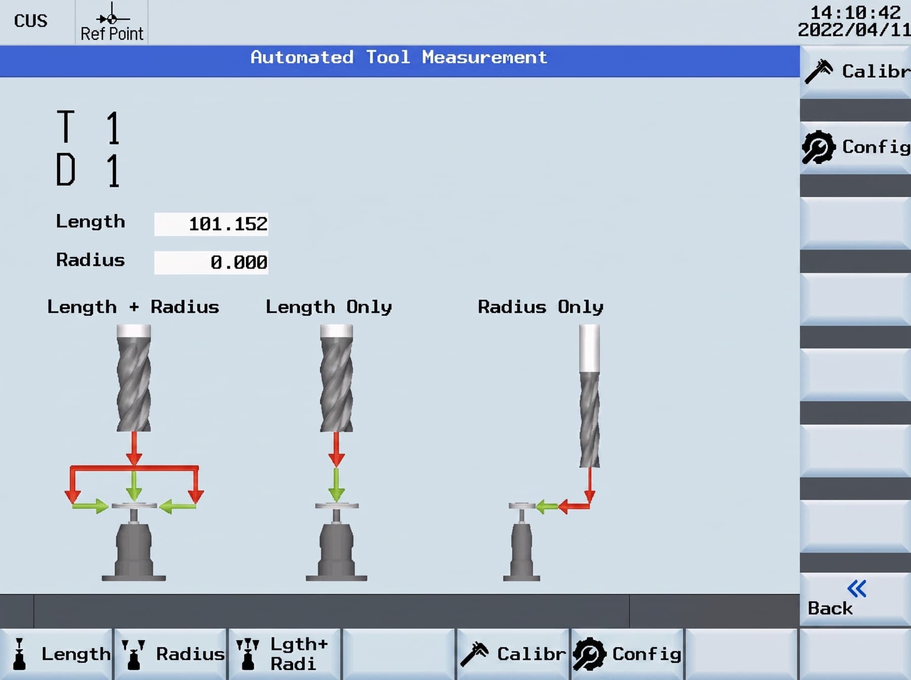 Automated tool measurement screen showing length, radius and combined measurement cycles