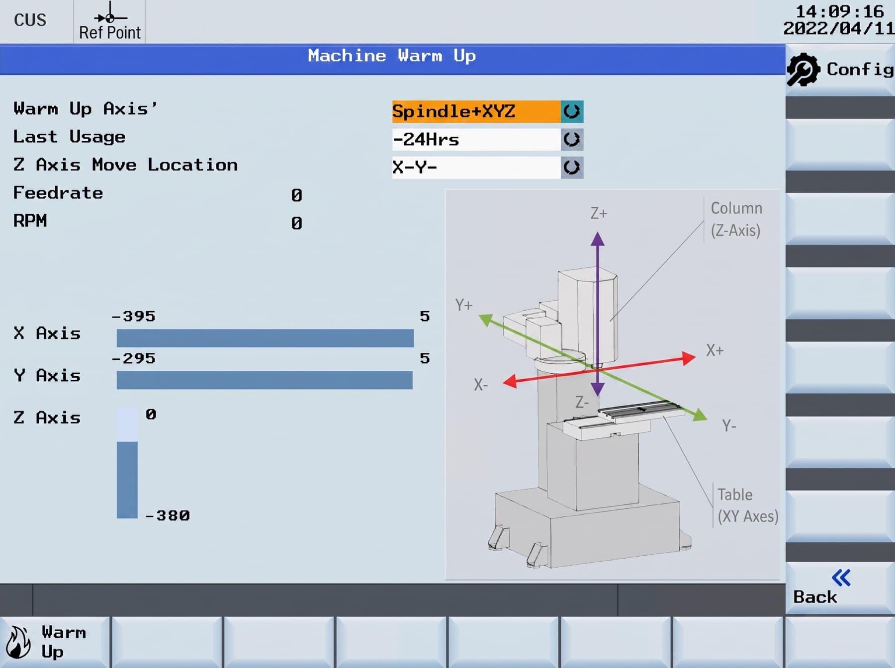 Machine warm-up screen with axis travel bars and machine axis diagram