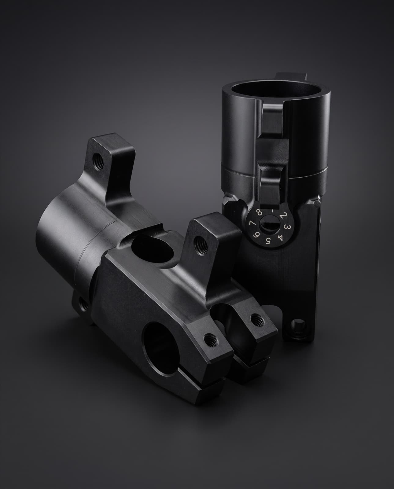 Machined black anodised WP RCMA 3548 axle clamps with click adjuster dial
